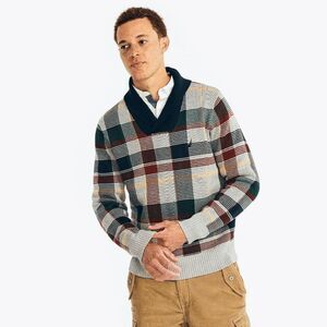 Nautica Men's Classic-Fit Plaid Jacquard Shawl-Collar Sweater - Navy M